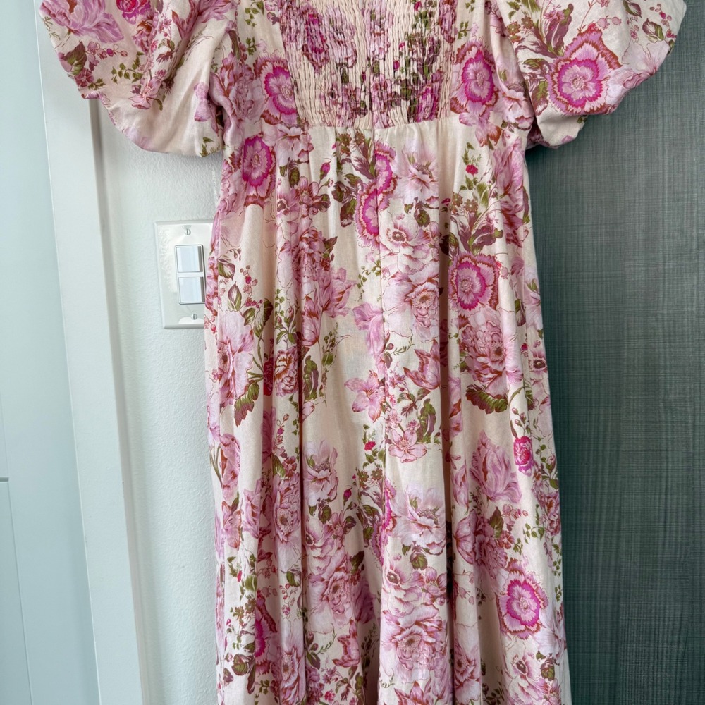 Avec Les Filles Pink Floral Print Puffed Sleeve Twist Bodice Midi Dress Size 12 - Picture 10 of 13